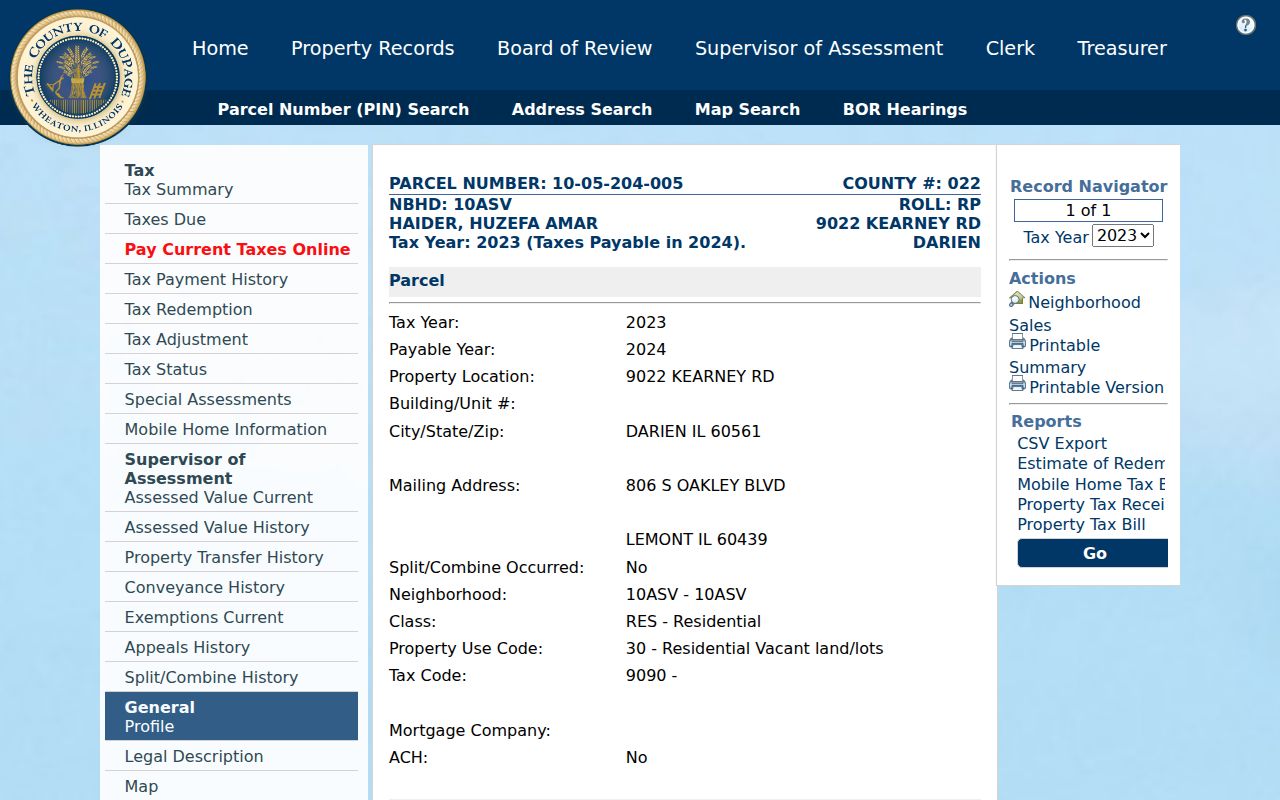 Sample DuPage parcel card with separate Darien situs and billing fields